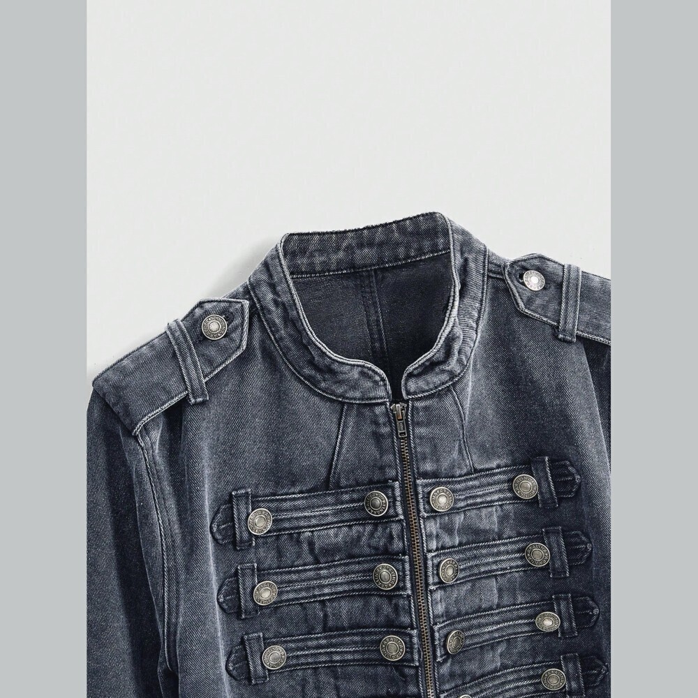 Gray Denim Military Band Jacket with Silver Button Trim - Picture 3 of 7